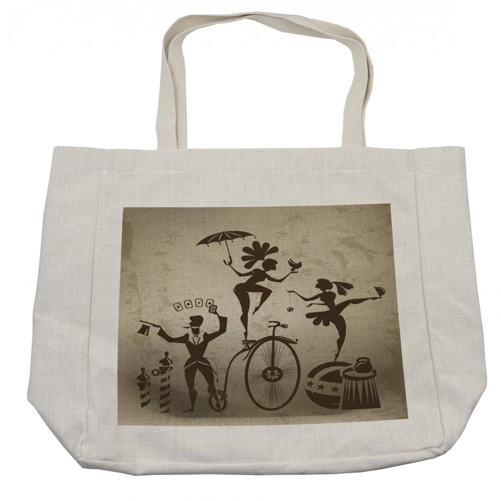 Circus Shopping Bag, Silhouette Circus Performers as Magician Doing Card Trick and Girl on Unicycle, Eco-Friendly Reusable Bag for Groceries Beach and More, 15.5" X 14.5", Cream, by Ambesonne