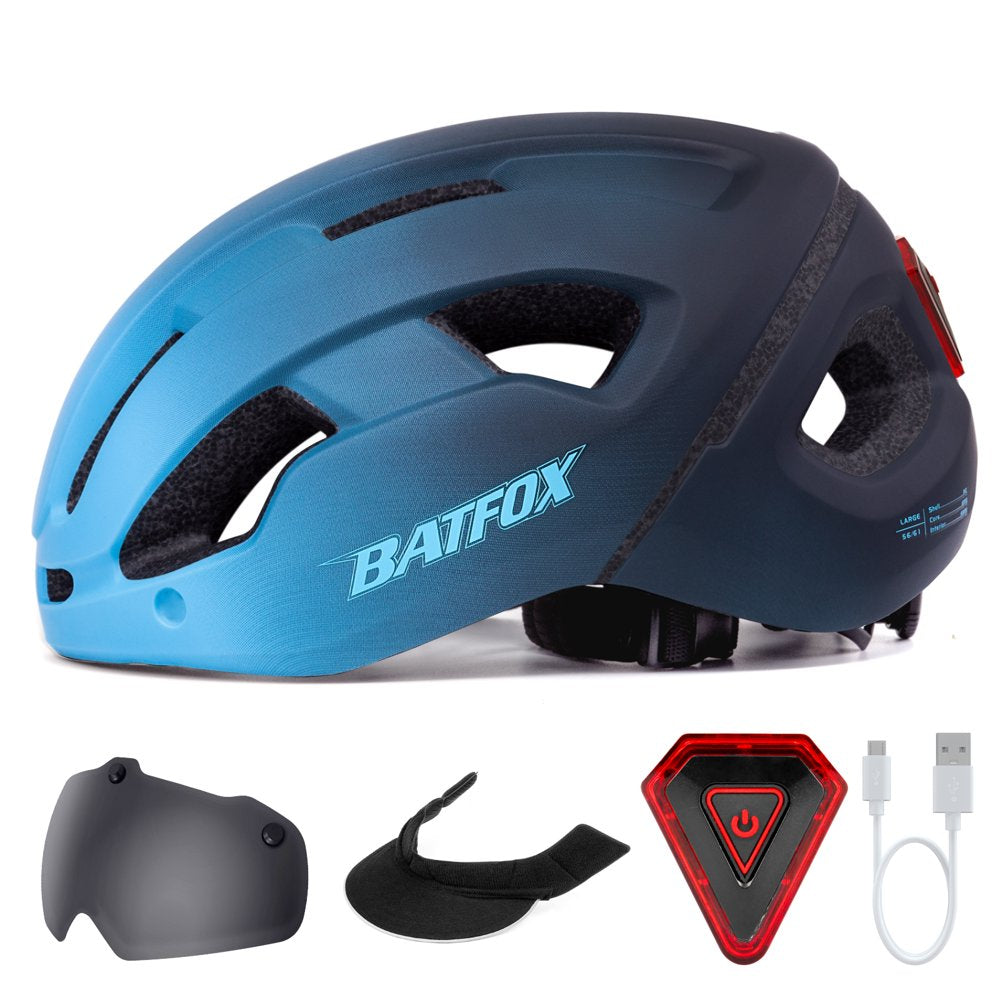 BATFOX Adults Mens Womens Bicycle Bike Helmet Casco De Bicicleta Street Urban Commuter Road Cycling Helmets with Rechargeable Led Light Visor Portable Backpack (Gradient Blue-Eye Shield+Sun Visor)