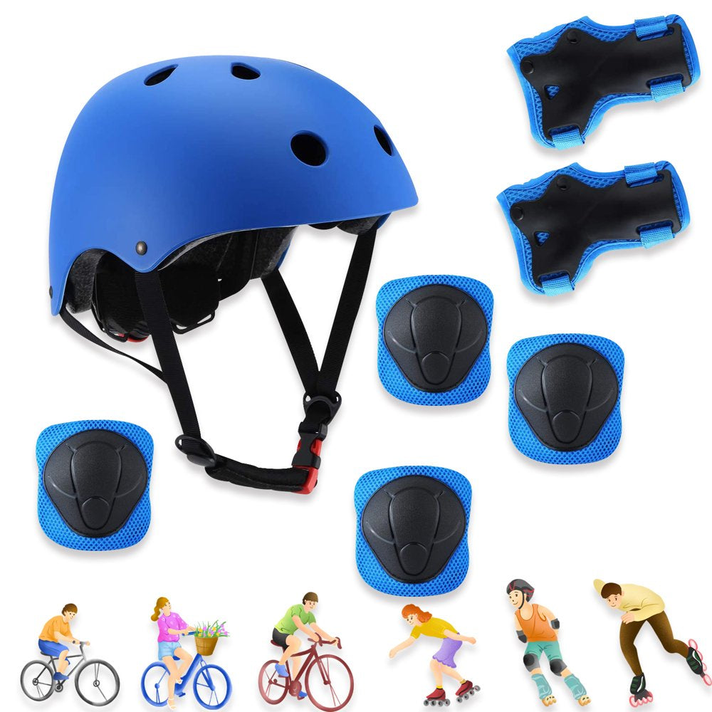 Helmet Knee Pad Set (Blue), Adjustable Kids Bike Helmet Protective Gear Set with Knee Pads and Elbow Pads Wrist Guards Included for 3~10Yrs Girls Boys Bike Roller Skating Cycling Scooter