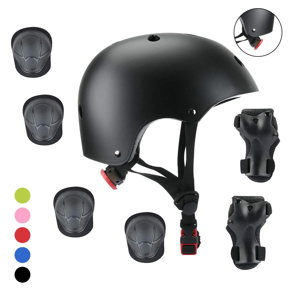 3-10 Years Old Kids Protective Gear Set for Outdoor Sports, Adjustable Skateboard Bike Helmet with Knee Pads Elbow Pads Wrist Guards for Roller Skating Cycling Scooter, Black