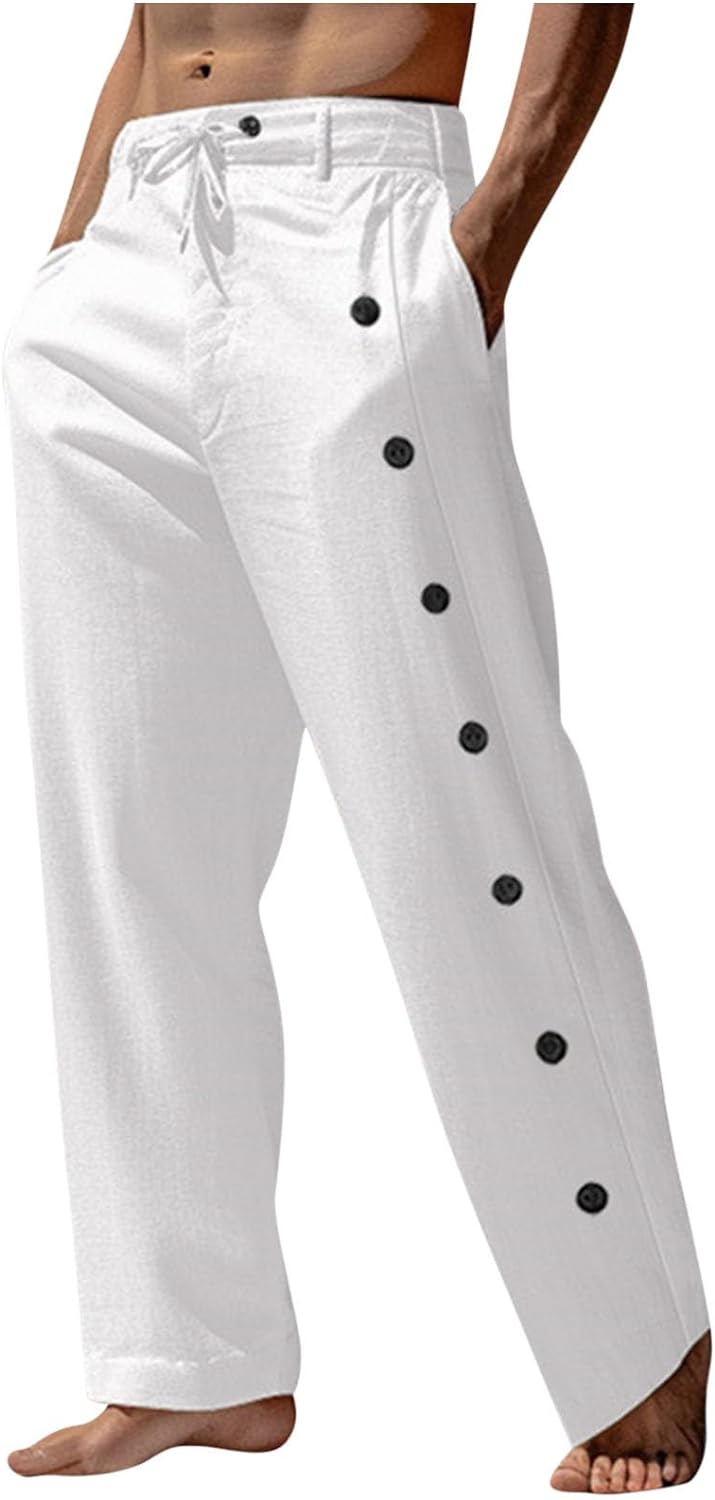 Men's Flax Casual Wide Leg Pants Unisex Fashion Button Down Tear Away Breathable Athletic Pants Beach Pants
