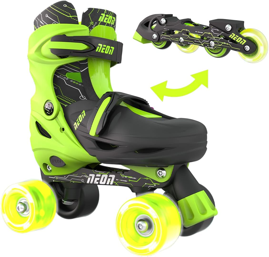 Yvolution Neon Combo Skates Quad and Inline 2-in-1 Adjustable Size Skates with LED Wheels, Outdoor Quad Roller Skates for Girls and Boys