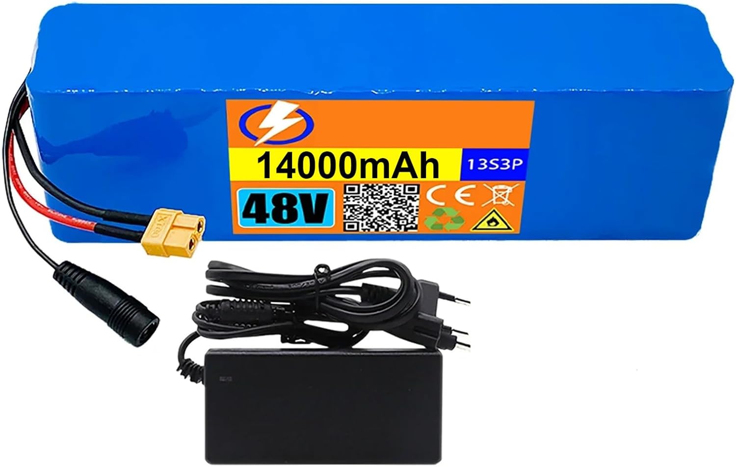 48V 14Ah E-Bike Battery, 48V 13S3P Lithium Battery Pack,with BMS + 54.6V 2A Charger,for 200W-750W Electric Bicycle Scooter Motor