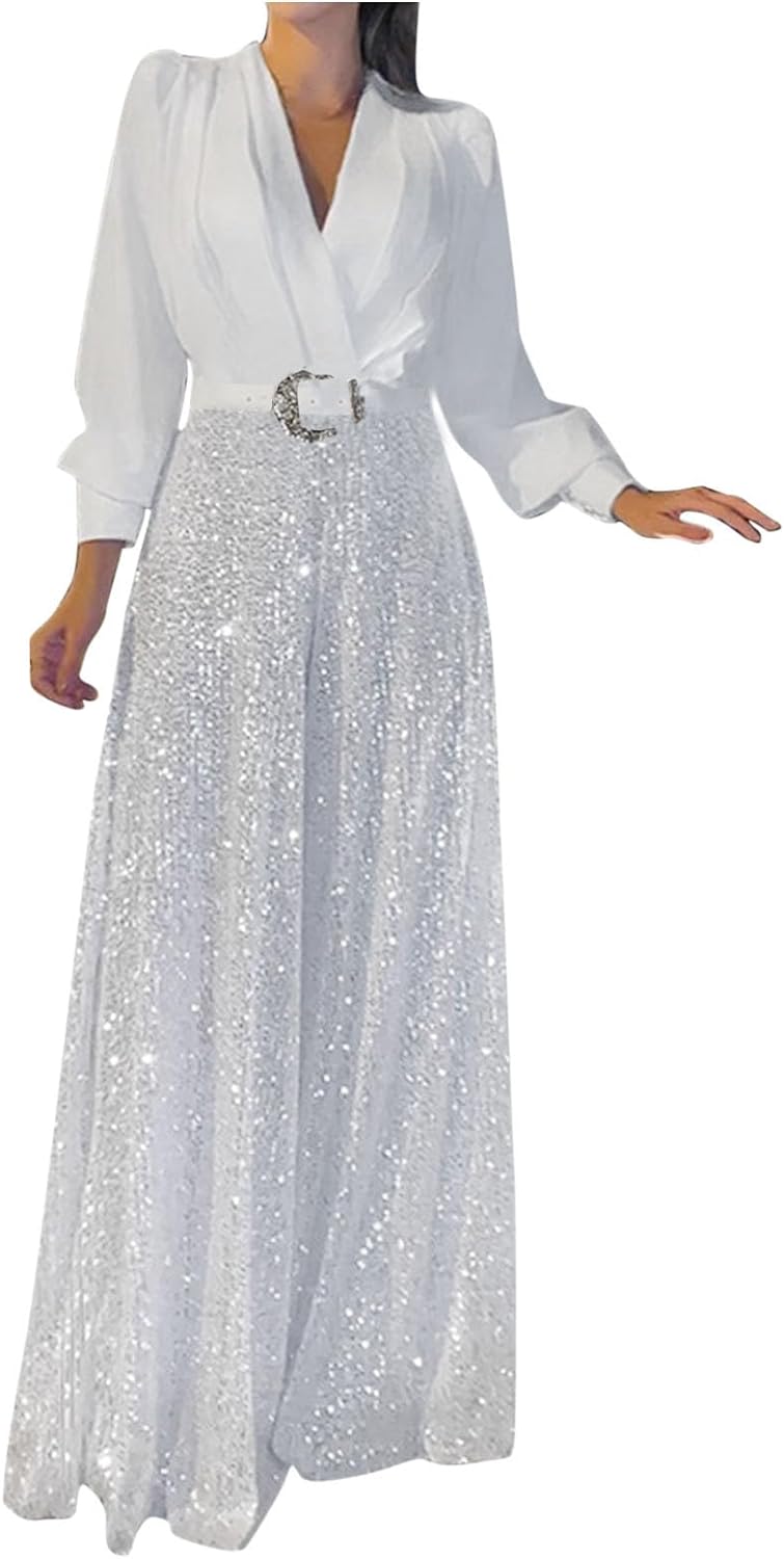 Women's Elegant Long Sleeve V Neck Jumpsuits Sequin Skirts Wide Leg Pants Palazzo Pants Romper with Belt