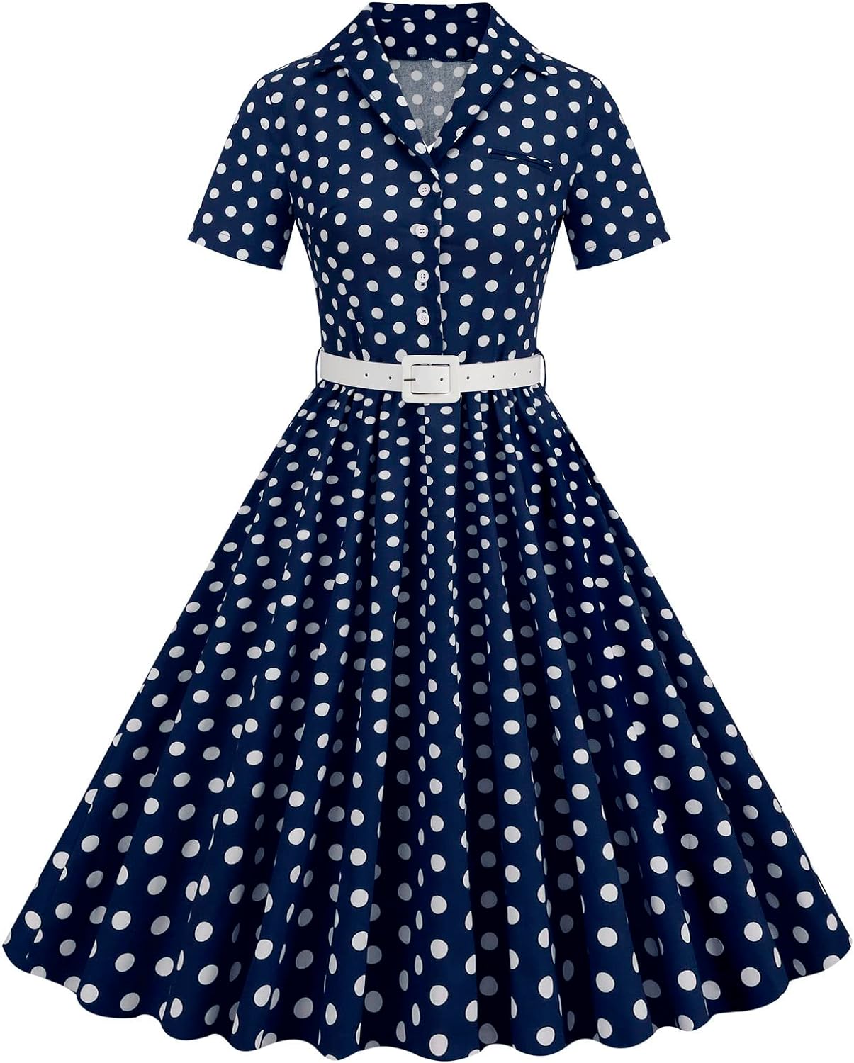 Women's Vintage Polka Dot Dress with Belt Limited_Time_Deal Chic Button V Neck Short Sleeve Party Homecoming Aline Dress