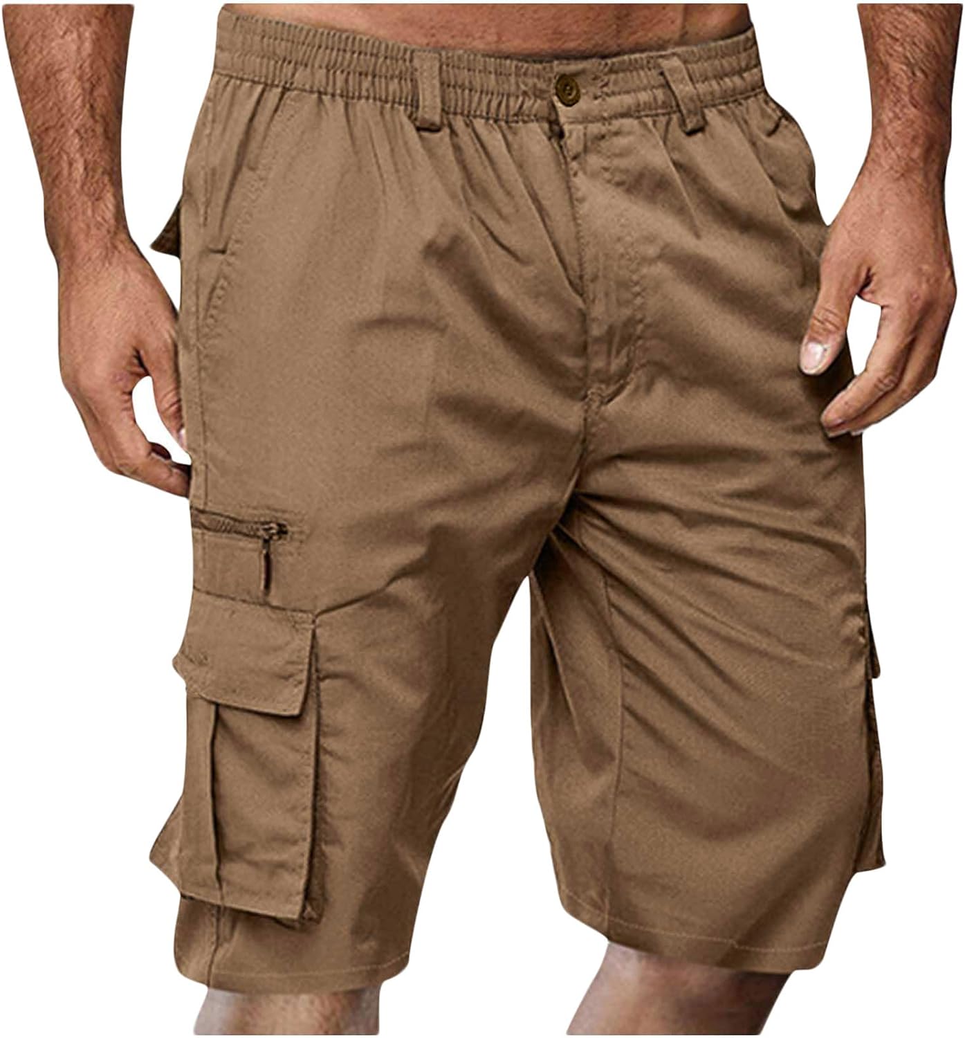 Mens Fashion Multi-Pocket Cargo Shorts Summer Casual Button Zipper Elastic Waist Work Short Pants