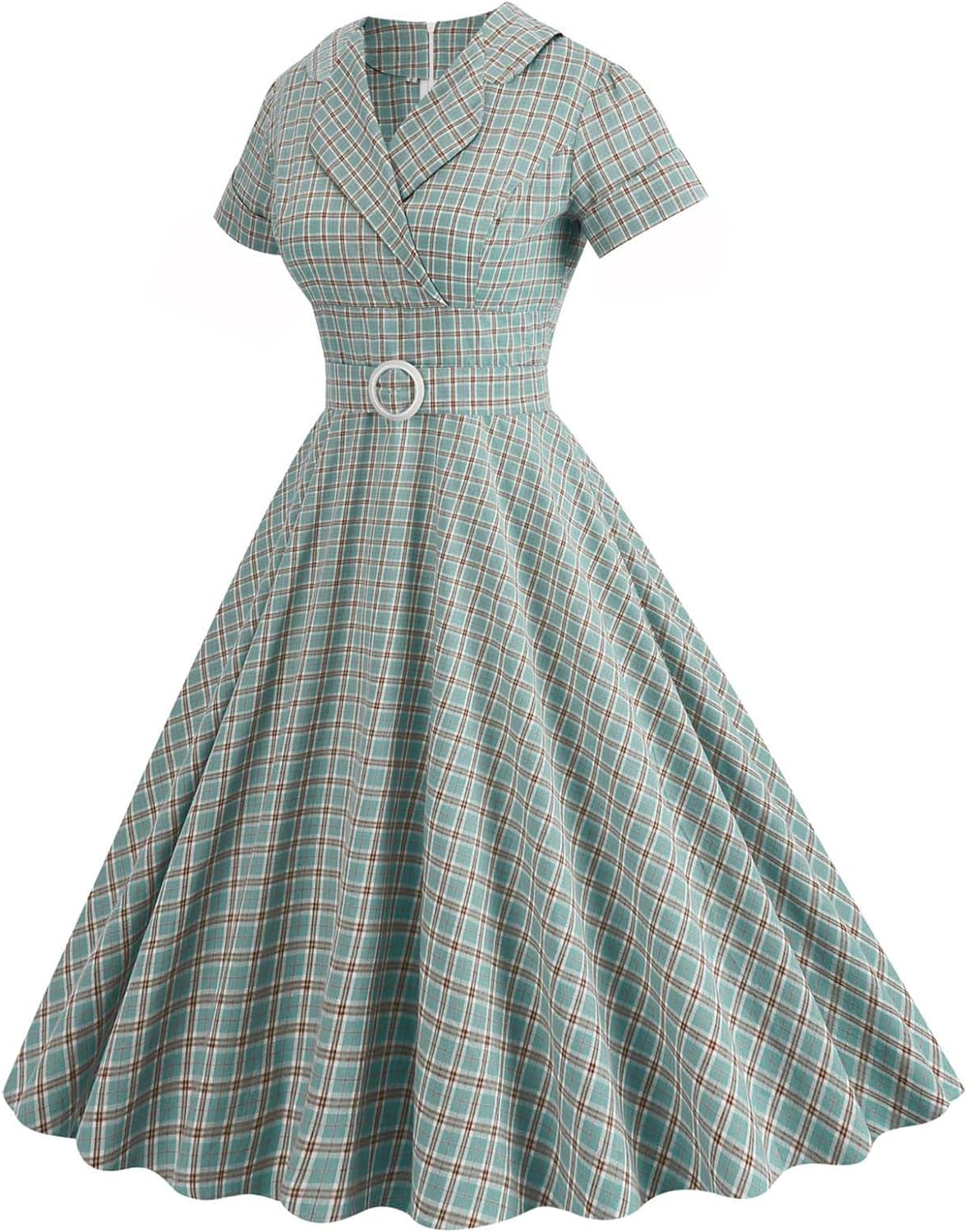 Women's Vintage Plaid Dress Short Sleeve Wrap V-Neck A-Line Bridesmaid Cocktail Party Dress Audrey Hepburn Style