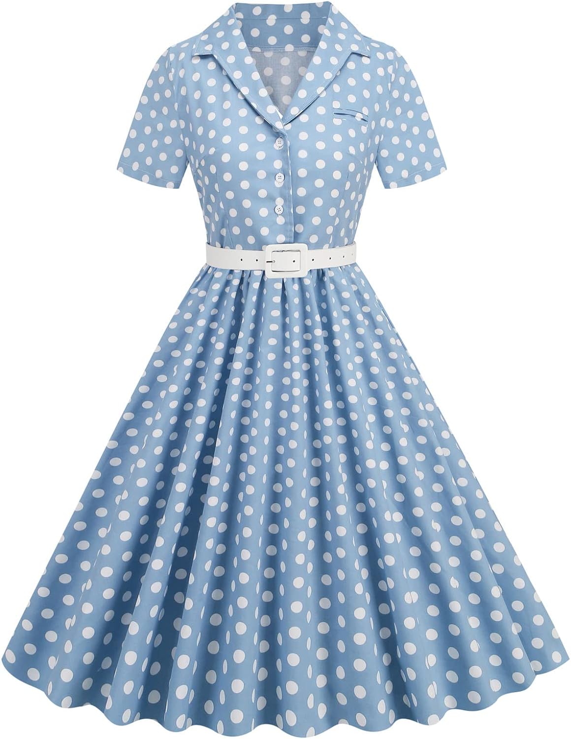Women's Vintage Polka Dot Dress with Belt Limited_Time_Deal Chic Button V Neck Short Sleeve Party Homecoming Aline Dress