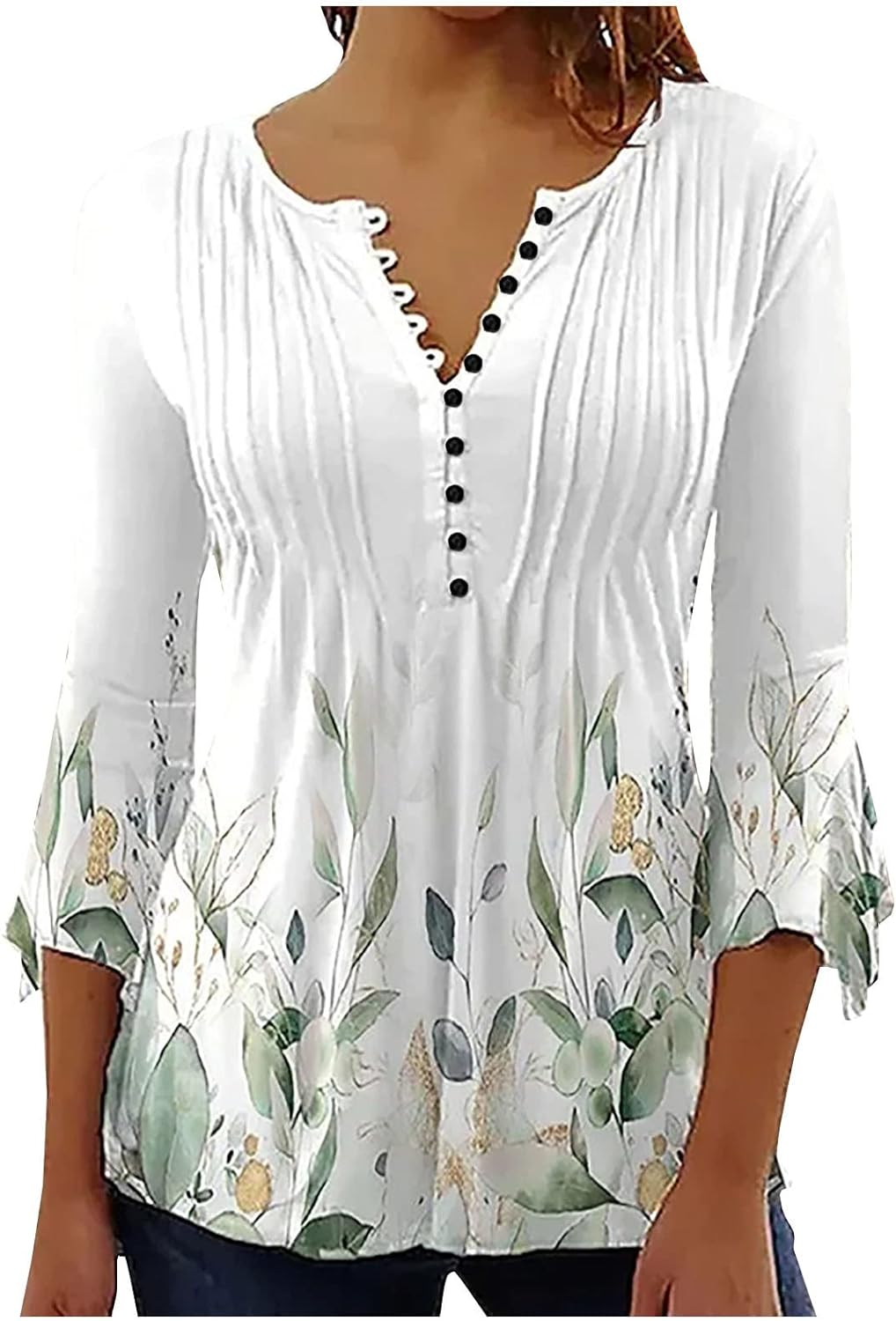 Womens Casual Summer Shirts Floral Printed Henley Neck Tunics Tops 3/4 Sleeve Button V Neck Blouse Shirt Empire Waist