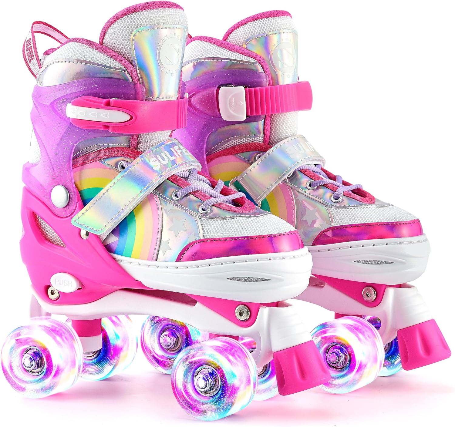 SULIFEEL Rainbow Unicorn 4 Size Adjustable Light up Roller Skates for Girls Boys for Kids