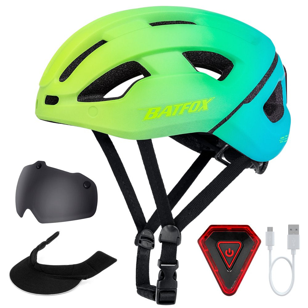 BATFOX Adults Mens Womens Bicycle Bike Helmet Casco De Bicicleta Street Urban Commuter Road Cycling Helmets with Rechargeable Led Light Visor Portable Backpack (Gradient Blue-Eye Shield+Sun Visor)