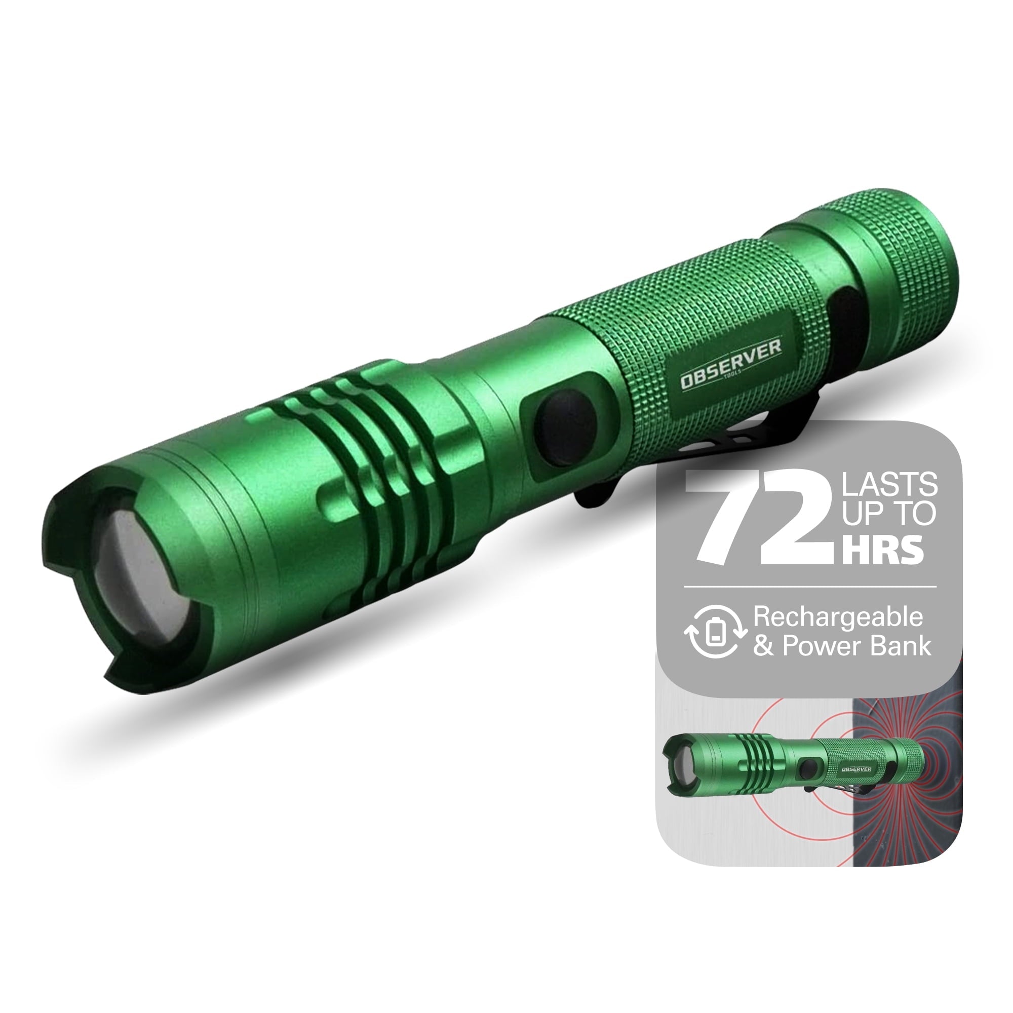 Observer Tools 1000 Lumen LED Rechargeable Flashlight - Power Bank, Dual Power, Magnet, Zoom, Waterproof, Tactical, Professional-Grade Quality