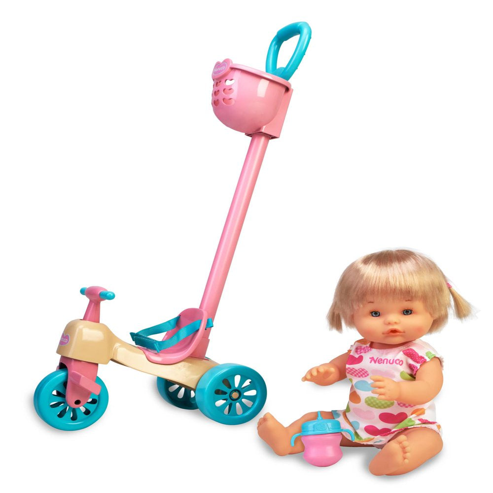 Nenuco and Her Tricycle - Baby Doll with Cute Dress, Pink Tricycle with Basket, Adjustable Handles, for Girls up to 5 Years