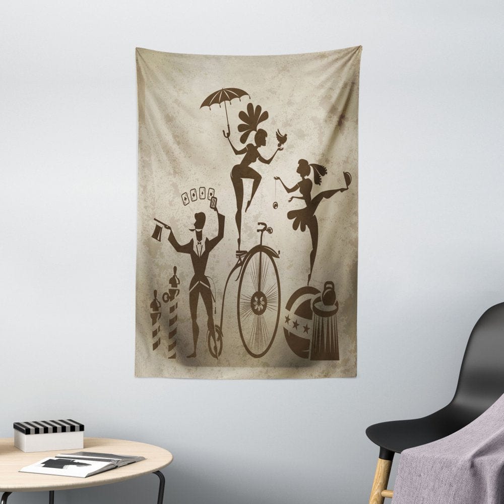 Circus Tapestry, Silhouette Circus Performers as Magician Doing Card Trick and Girl on Unicycle, Wall Hanging for Bedroom Living Room Dorm Decor, 40W X 60L Inches, Beige and Brown, by Ambesonne
