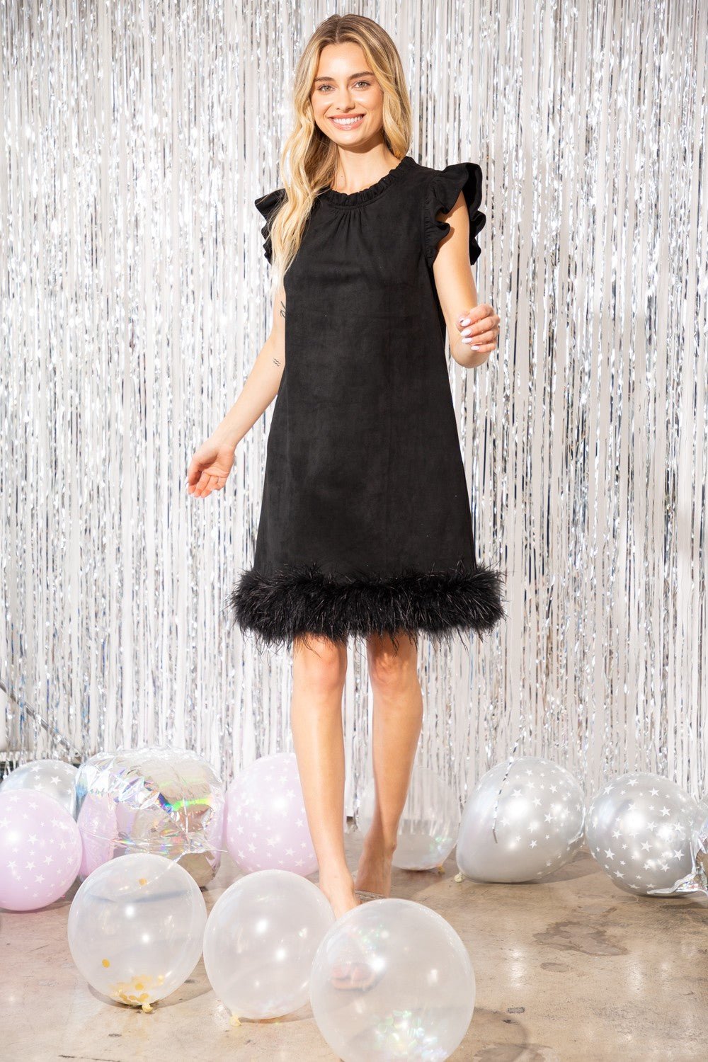 Fur Detail Suede Shift Dress