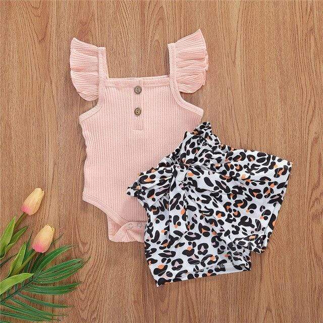 Girl's Clothing Light pink top & Printed short / 6M Leopard Bottoms Button Romper Seta