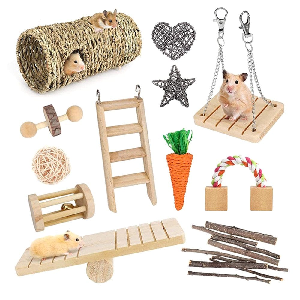 VIEGINE 12Pcs Bunny Chew Toys for Teeth Wooden Blocks Seesaw Ladder Rattan Ball Tunnel for Rabbit Chinchilla Hamster Guinea Pig