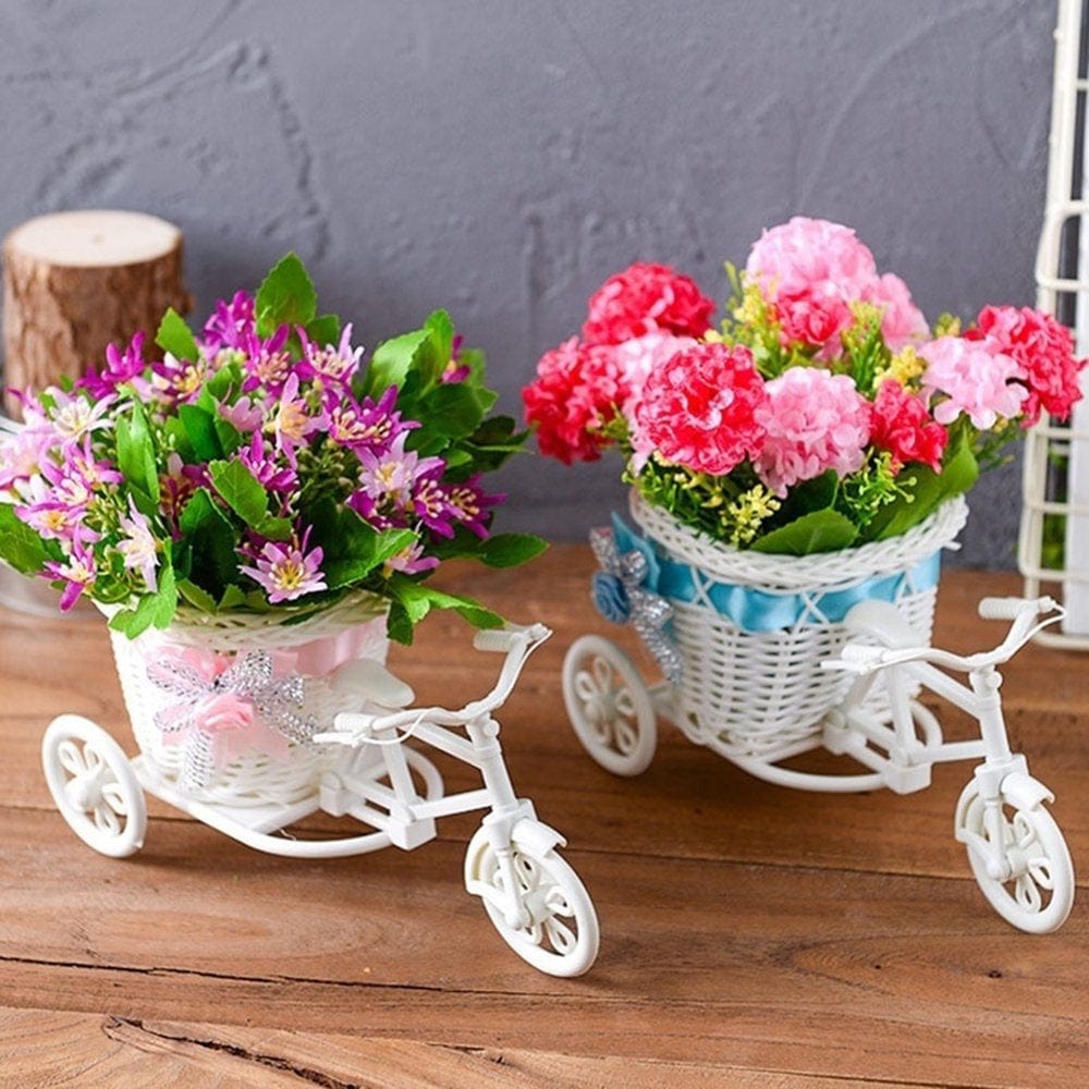 Windfall Garden Nostalgic Bicycle Artificial Flower Decor Plant Stand Tricycle Bike Flower Basket Vase Stand Holder Wedding Party Home Tabletop Decor