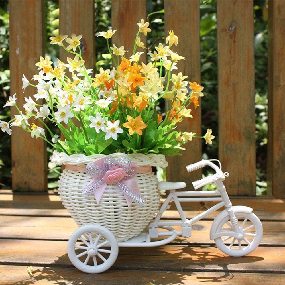 Yirtree Garden Nostalgic Bicycle Artificial Flower Decor Plant Stand Rattan Flower Basket Vase Tricycle Bicycle Model Home Garden Wedding Party Decor